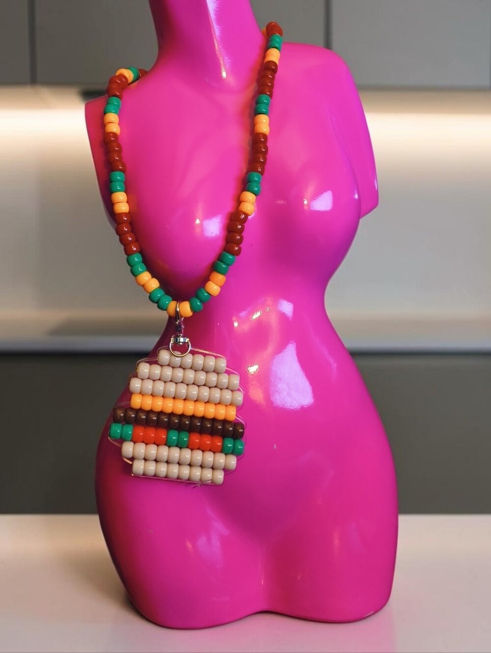 2 in 1 Pony Bead Hamburger Pendant/Keychain Necklace